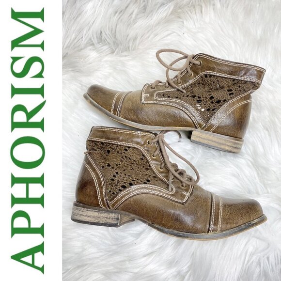 APHORISM Caramel Brown Faux Leather Lace Inset Boho Bootie, Size 6.5 - Picture 4 of 11
